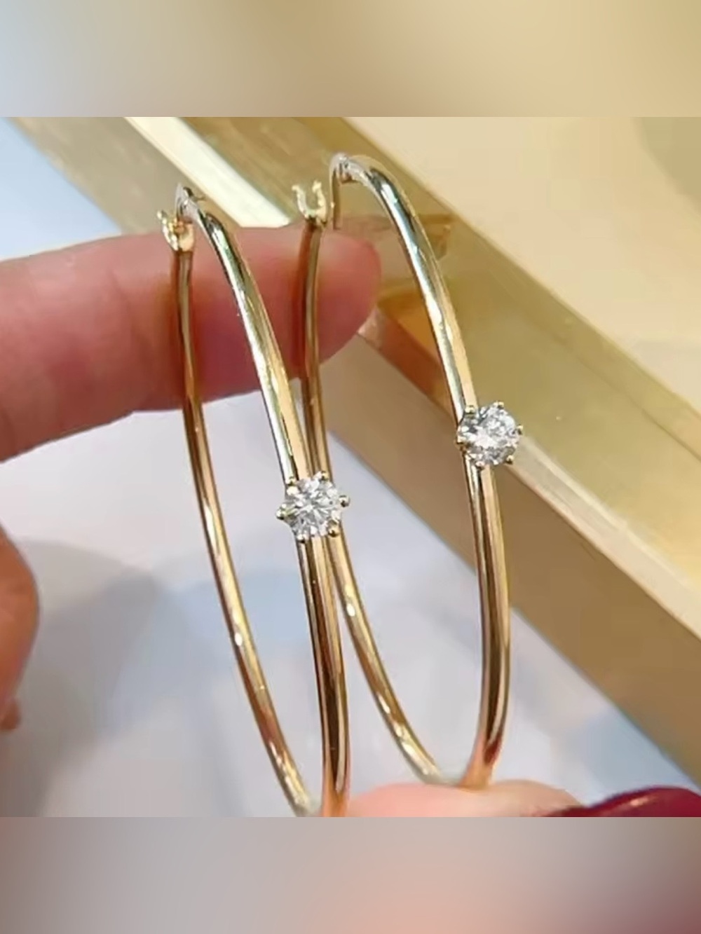 Gold Hoop Earrings with Clear Crystal Accent - Women Jewelry - Picture 3 of 3